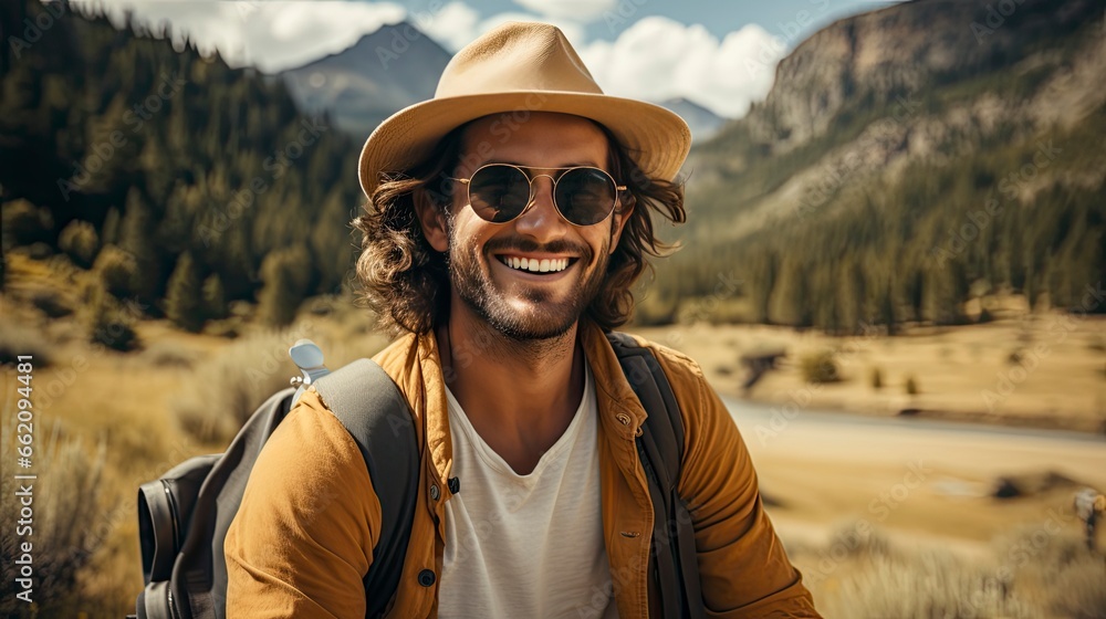 A Handsome man wearing hat and sunglasses taking selfie picture on vacation day - Happy backpacker smiling, Generative AI A Handsome man wearing hat and sunglasses taking selfie picture on vacation day - Happy backpacker smiling, Generative AI