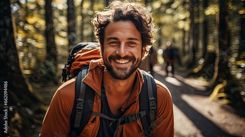 A Handsome man wearing hat and sunglasses taking selfie picture on vacation day - Happy backpacker smiling, Generative AI © kanesuan