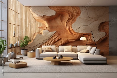 Stylishly designed living room with a nomadic touch, featuring a 3D-rendered wall mockup. Generative AI photo