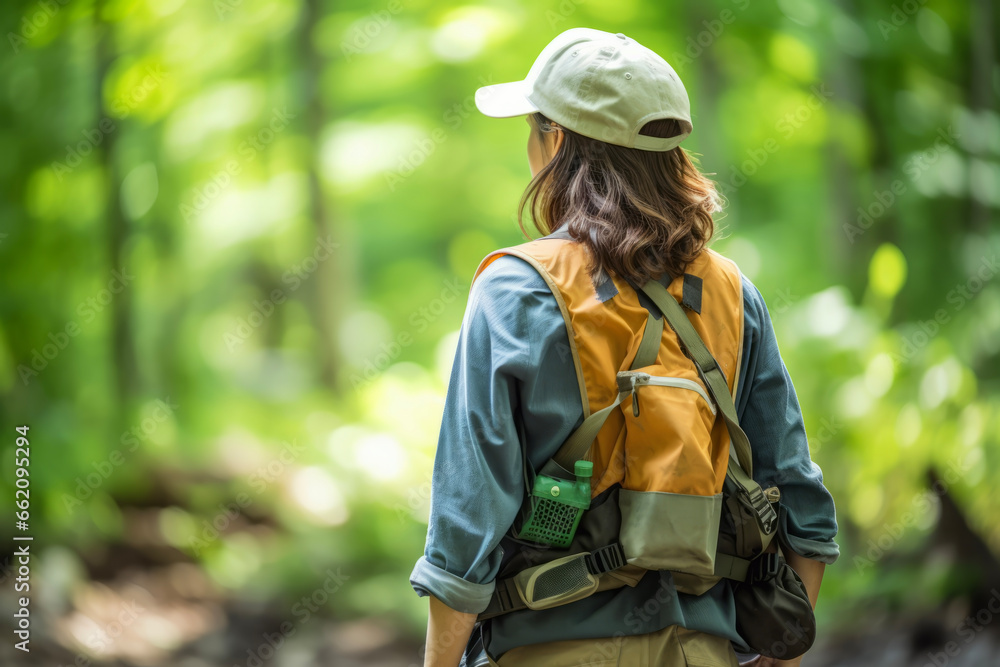Rear view of environmental conservation woman worker investigate with backpack in background of forest. Ecosystem concept of environment and nature.