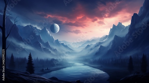 Epic fantasy view with a moon. Generative ai © Hendrikus