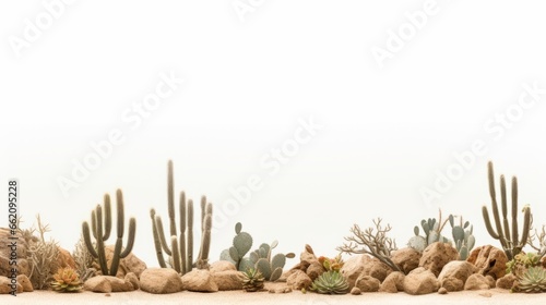 a desert landscape with various types of cacti, rocks, and shrubs. The sky is a pale blue with a white haze, creating a contrast with the green and brown colors of the plants and soil.