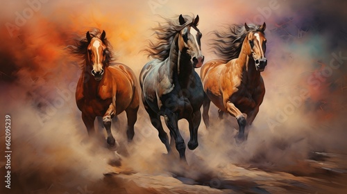 Group of horses running in the field illustration. Generative ai