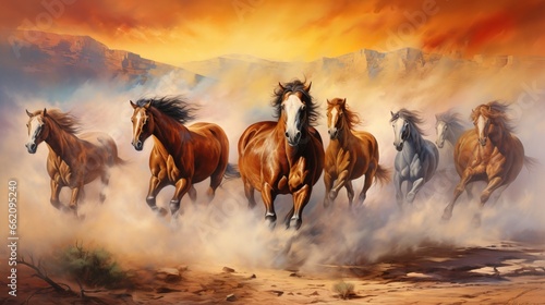 Group of horses running in the field illustration. Generative ai © Hendrikus