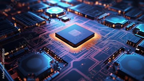 Close-up macro photography of a processor board of computer technology of the near future. AI Generation 