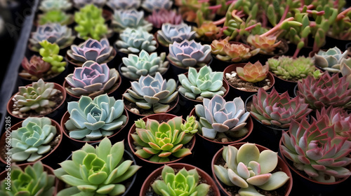 Rows of beautiful multi colour succulents in mini pots at flower Market. indoor plants.