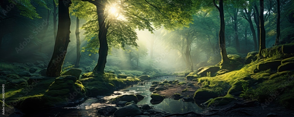 green forest trees with sun ray background, Generative AI