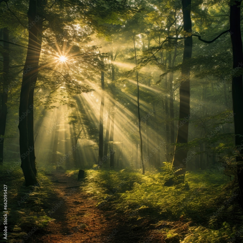Obraz premium green forest trees with sun ray background, Generative AI