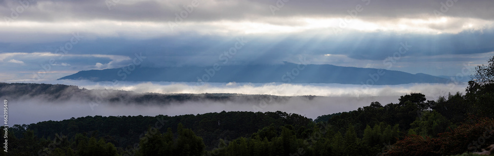 Panoramic shot of sun ray in the morning with fog flow through the mountain valley, Chiangmai, during rainy season, Thailand