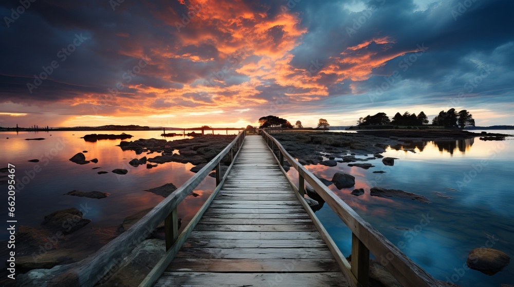Obraz premium Illustration of a bridge in the coast with epic sky, beautiful sunset, sunrise, suitable for your wallpaper. Generative ai