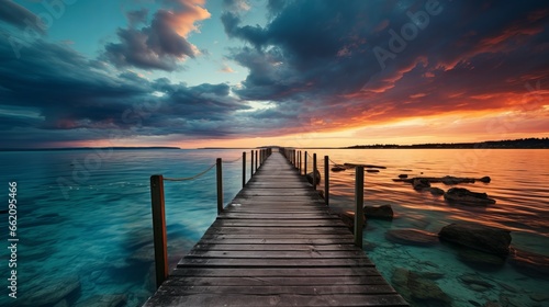 Illustration of a bridge in the coast with epic sky  beautiful sunset  sunrise  suitable for your wallpaper. Generative ai