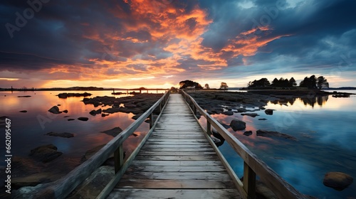 Illustration of a bridge in the coast with epic sky  beautiful sunset  sunrise  suitable for your wallpaper. Generative ai