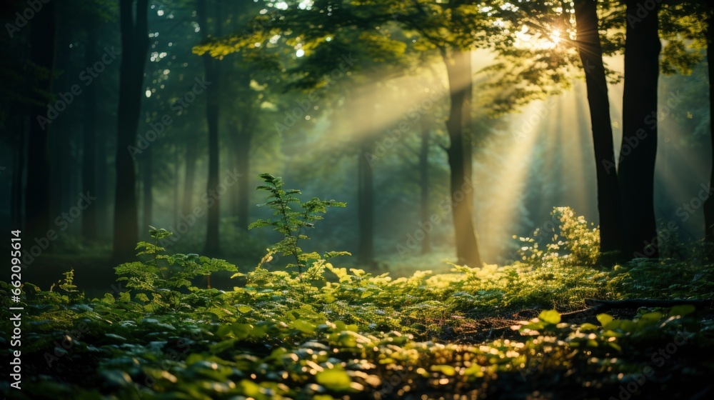 Obraz premium green forest trees with sun ray background, Generative AI