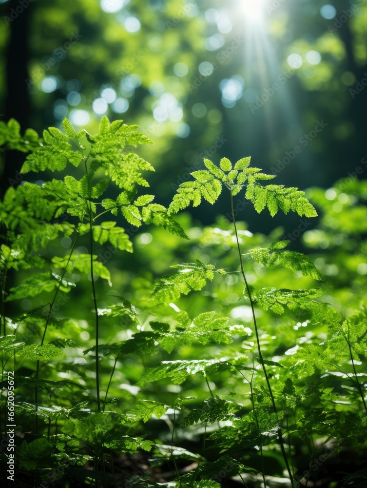 green forest trees with sun ray background, Generative AI green forest trees with sun ray background, Generative AI