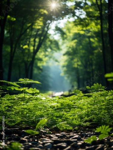 green forest trees with sun ray background  Generative AI