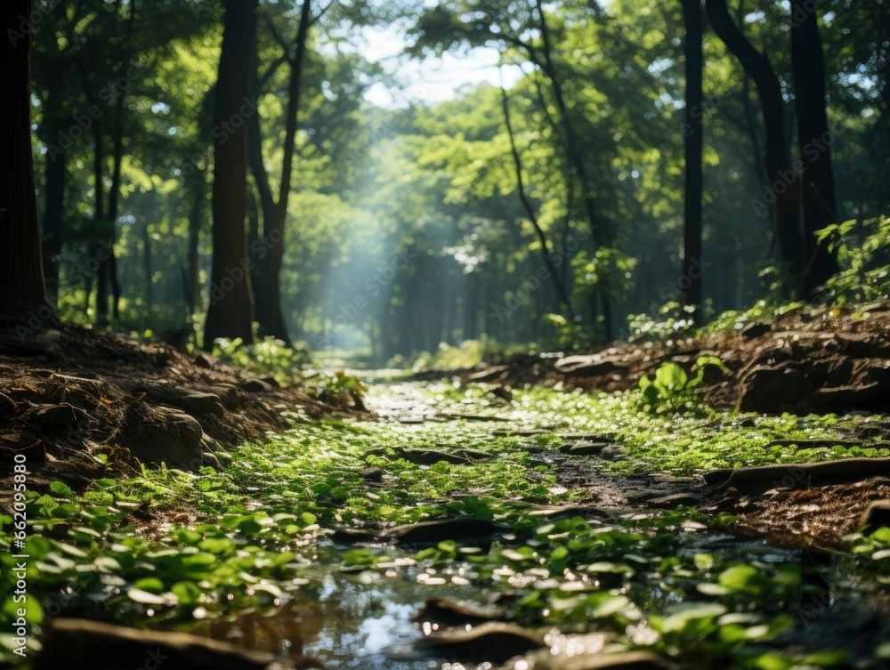 green forest trees with sun ray background, Generative AI green forest trees with sun ray background, Generative AI