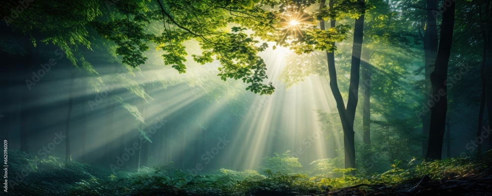 green forest trees with sun ray background, Generative AI green forest trees with sun ray background, Generative AI