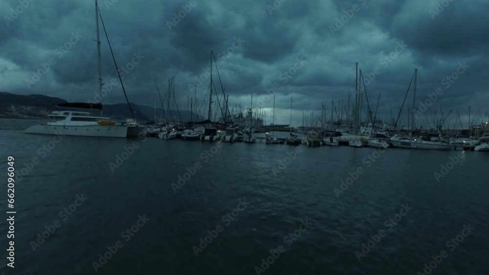 Yacht, boat and sea with a harbor at night for travel, freedom or adventure on a cloudy gray sky. Luxury, sailing and storm with ship transport at a dock in the ocean during a dark or gloomy evening Yacht, boat and sea with a harbor at night for travel, freedom or adventure on a cloudy gray sky. Luxury, sailing and storm with ship transport at a dock in the ocean during a dark or gloomy evening