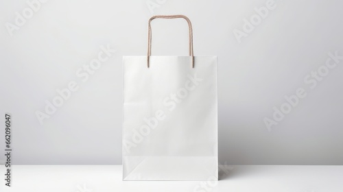 A white paper bag with a brown handle on a white background. This image shows a white paper bag with a brown handle standing upright and empty. The background is plain white.