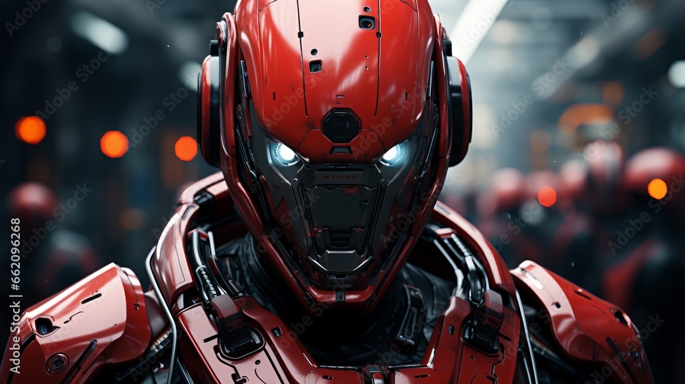 Futuristic robot, cyborg. Red color tone. Generative ai