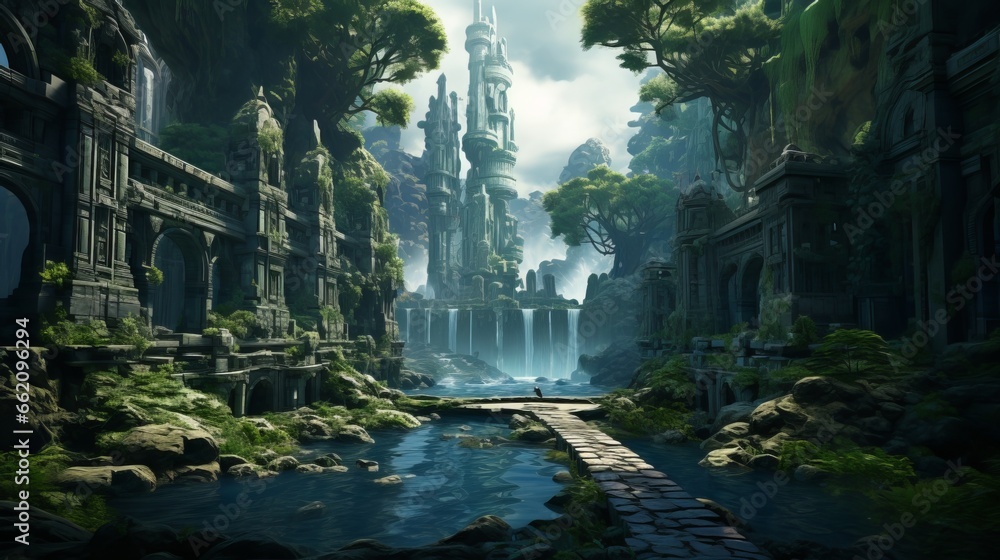 Epic fantasy landscape wallpaper, jungle and mountain view. Generative ai