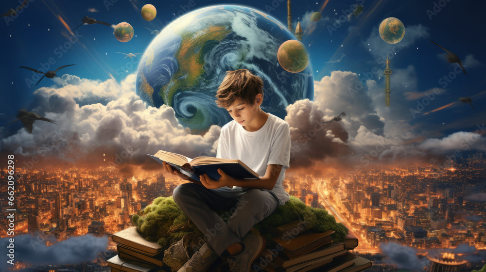 Little boy reading book and imagining to virtual reality landscape background. - obrazy, fototapety, plakaty 