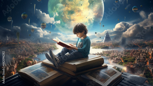 Little boy reading book and imagining to virtual reality landscape background. photo