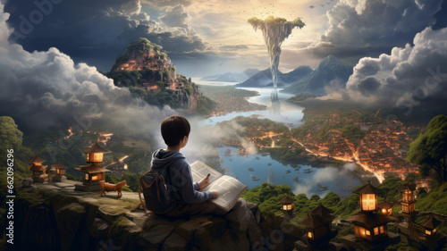 Little boy reading book and imagining to virtual reality landscape background.