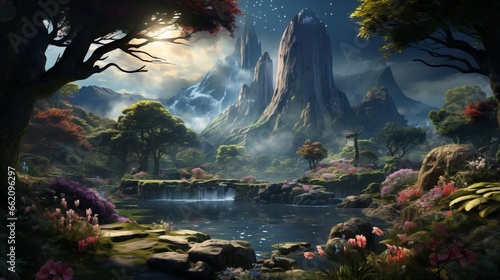 Epic fantasy landscape wallpaper, jungle and mountain view. Generative ai