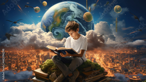 Little boy reading book and imagining to virtual reality landscape background. photo