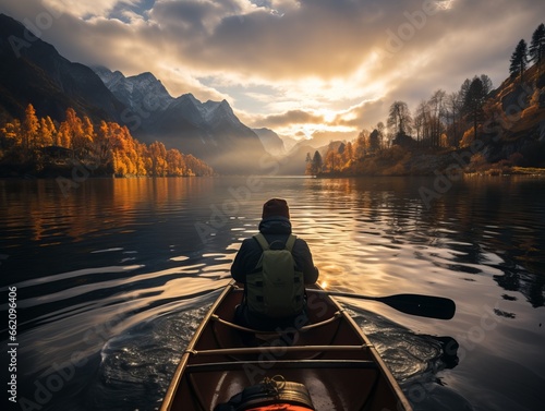 A man goes on an adventure on the lake by paddling a canoe, epic landscape golden hour time. Generative ai