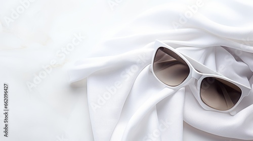 A pair of white sunglasses on a white fabric background  creating a minimalist and elegant image. The sunglasses have a cat-eye shape and dark lenses  reflecting style and sophistication.