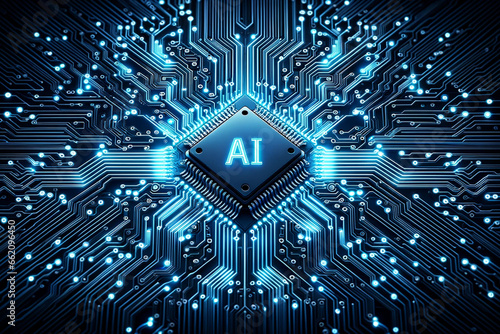 Circuit board design in electric blue, complex pathways lead to a central 'AI' chip, symbolizing advanced computational technology.