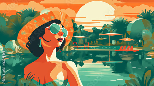 Girl relaxing on the beach. Summer vacation poster or flyer design template with sexy female on the beach. Party invitation. Modern style. Vector illustration
