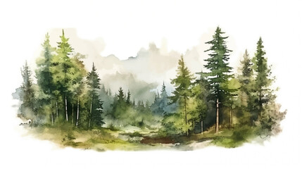 Canvas schilderij Wit Beautiful abstract pine tree in forest landscape watercolor brush with isolated white background, Vector illustration for wedding invitation, RSVP, wallpaper, banner, poster, etc.  © Pixode