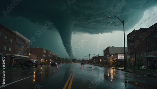 Fotografie, Obraz A city street during a violent tornado storm with ominous skies.