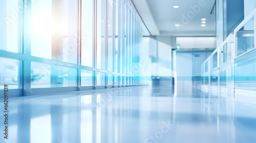 Abstract defocused blurred technology space background, empty business corridor or shopping mall. Medical and hospital corridor defocused background with modern laboratory