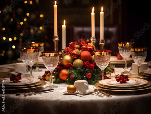 Elegant Christmas dinner table, celebration candle, glasses, plates, Christmas tree