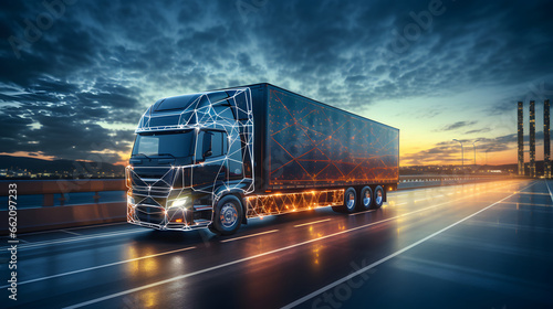 Business Logistics concept, Truck of logistics network distribution and smart transportation and networking intelligent logistics of truck container cargo, Logistic import export and industry.