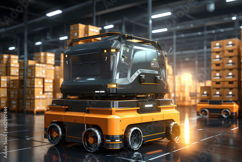 Concept of smart factory and 5G for industrial. Autonomous Robotic transportation or Automated guided vehicle systems( AGV) operating transfer box in automated warehouses. 3d rendering and illustratio