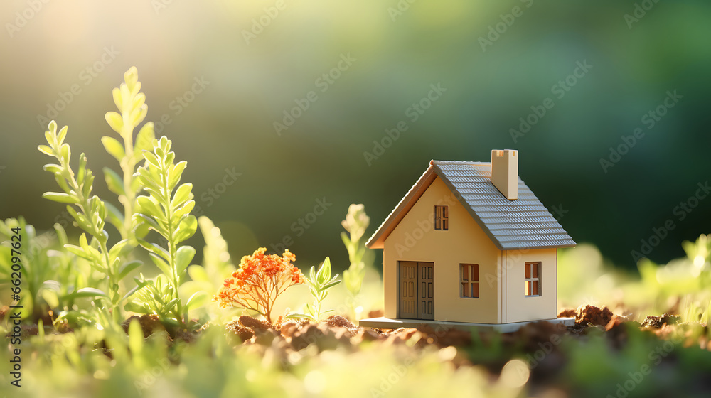 Small model home on green grass with sunlight, home and life concept, eco house