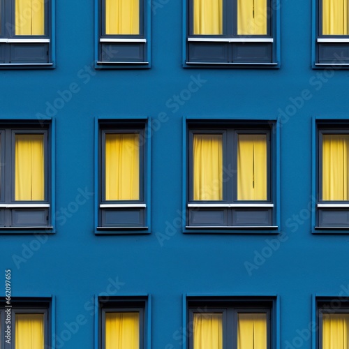 Seamless pattern texture of a blue facade with windows with yellow curtains. AI Generation 