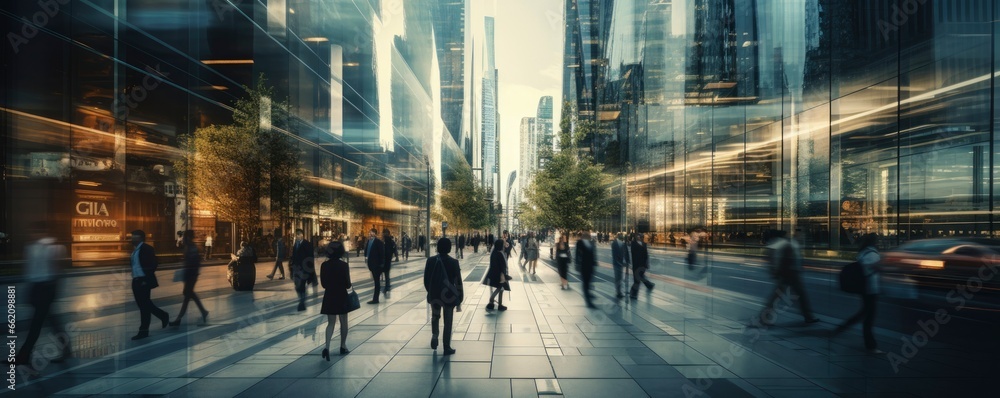 Blurred people walking in business district, Generative AI