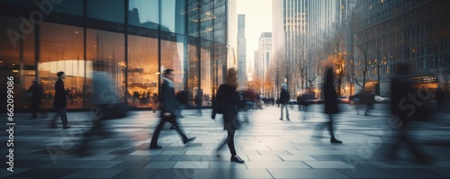 Blurred people walking in business district, Generative AI photo
