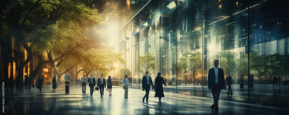 Blurred people walking in business district, Generative AI