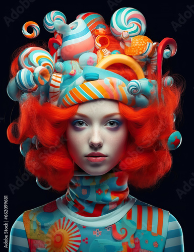 Female model with sweets in hairstyle, fashion, makeup