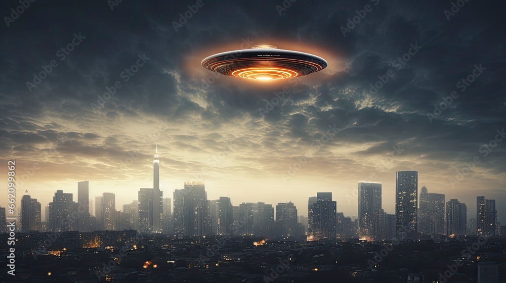 ufo flying close up, copy space, city background in morning day time, Generative AI
