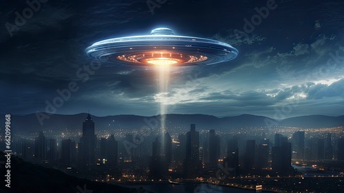 ufo flying close up, copy space, city background in morning day time, Generative AI © kanesuan