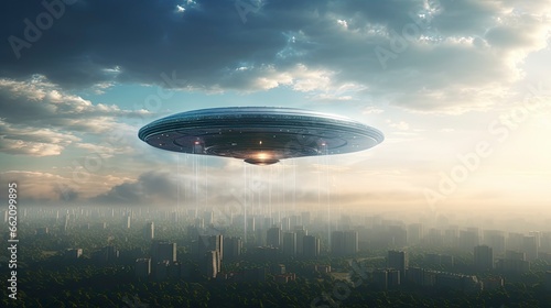 ufo flying close up, copy space, city background in morning day time, Generative AI