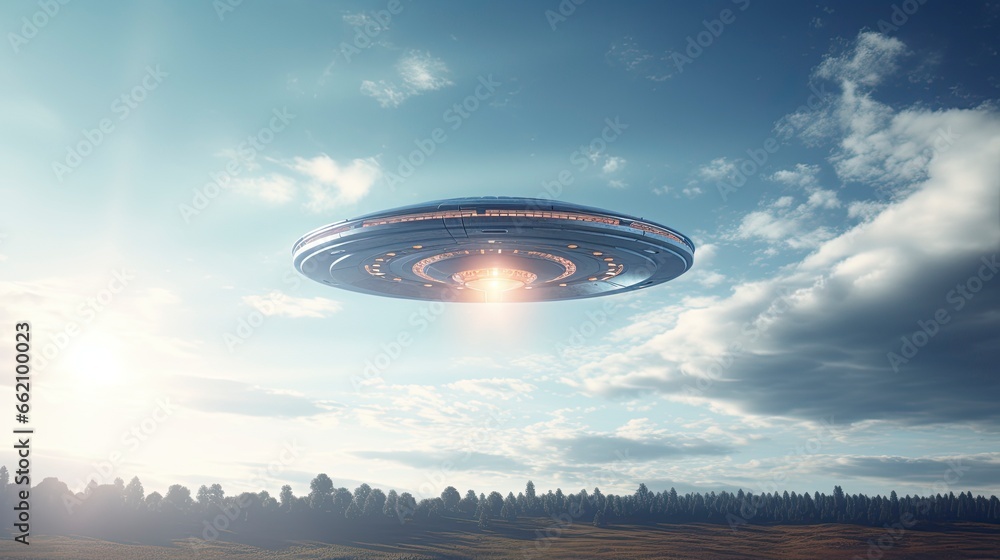 ufo flying close up, copy space, city background in morning day time, Generative AI ufo flying close up, copy space, city background in morning day time, Generative AI